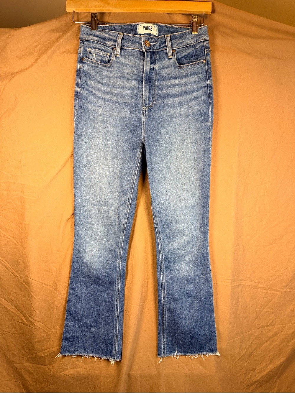 Paige Claudine Flare Jeans 27 High Rise Medium Wash Raw Hem 70s Boho Distressed